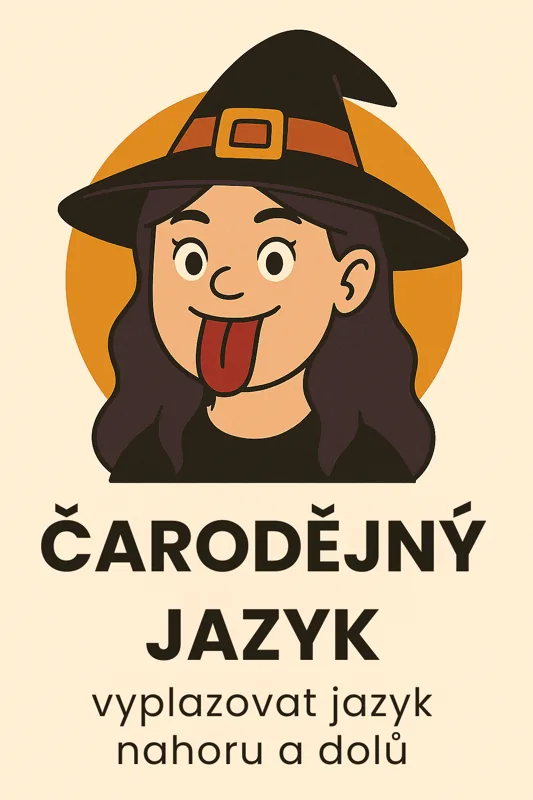 Halloweenská kartička Čarodějný jazyk — vyplazovat jazyk nahoru a dolů