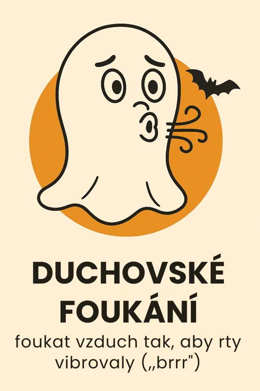 Halloweenská kartička Duchovské foukání — foukat vzduch tak, aby rty vibrovaly
