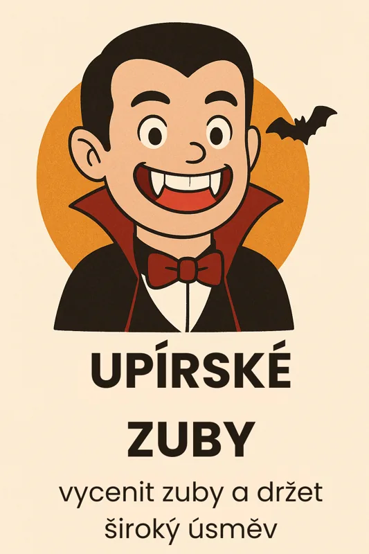 Halloweenská kartička Upírské zuby — vycenit zuby a držet široký úsměv